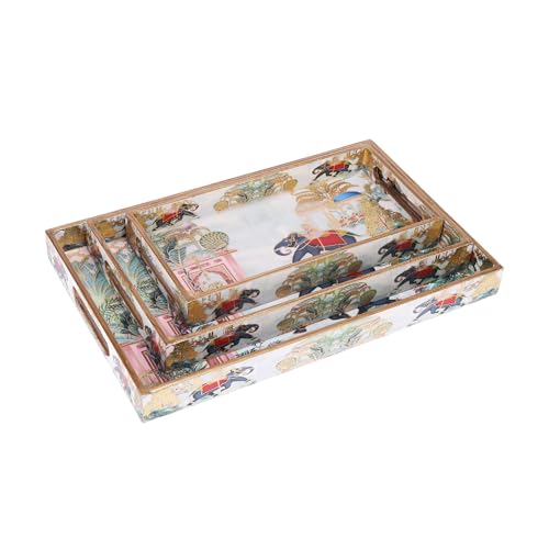 Image of Rectangular Wooden MDF Serving Trays Set of 3 (16x10, 14x8, 12x6 Inches) - Enamelled Finish with Easy-Grip Handles, Perfect for Dining, Tea, Snacks & Home Decor (Red Elephant Tray)