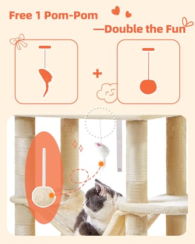 Image of Taoqimiao Cat Tree, 67 in Tall Cat Tower with 2 Plush Cat Condos | 7 Scratching Posts, 2 Top Perches, Cozy Hammock & Basket, Indoor Cats, 2 Pompoms & Mouse Toy, Beige, MS013M