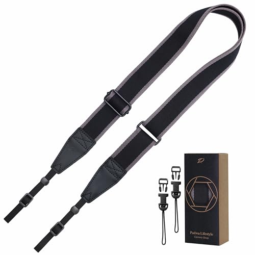 Image of Padwa Lifestyle Adjustable Camera Strap - 1.5 inch Full Grain Leather Ends Camera Straps for Photographers, Adjustable Neck Shoulder & Crossbody Cotton Strap Quick Release for Cameras and Binoculars