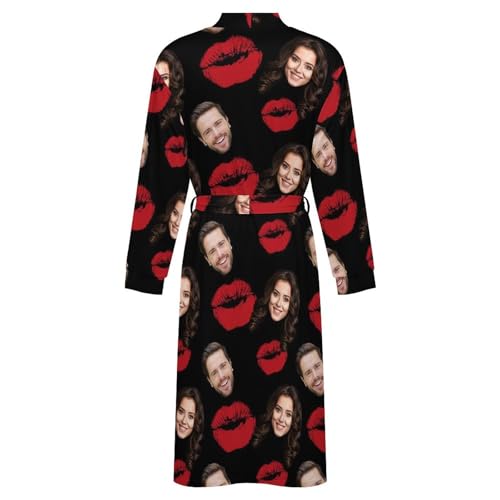 Personalized Couple Pet Face Robes for Women Men, Custom Face Photo Long Sleeve Belted Bathrobe, Funny Short Bath Robe4