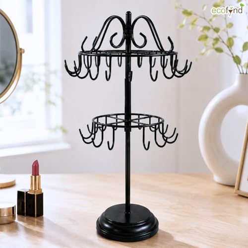 Image of ecofynd 2-Tier Metal Jewelry Organizer Stand with 40 Hooks, 360 Rotating 20-Inch Holder for Earrings, Necklaces, Bracelets & Rings, Space-Saving Display for Vanity & Dressing Table (Black, JS013)