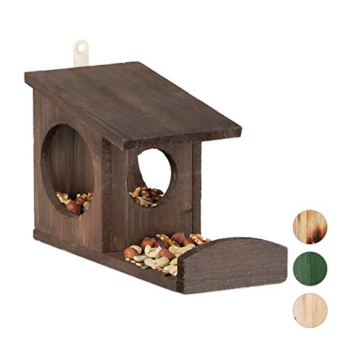 Relaxdays Squirrel Feeder House, Feeding Station Box, Hanging, Wooden, HWD: 17.5 x 14 x 25 cm, Dark Brown, Pack of 1