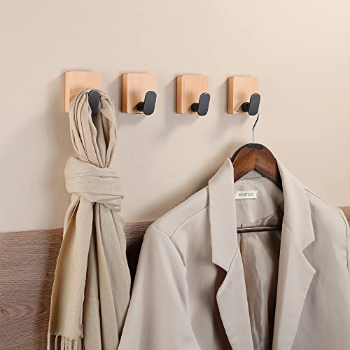 DELITON Towel Hooks Wall Mounted - Adhesive Bathroom Coat Hooks for Hanging Robes Clothes Light Brown, Black Solid Wood Beech Wall Hook 4 Packs - Image 4