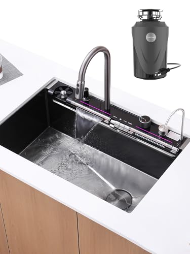 Lefton New 33x22 Stainless Steel Waterfall Kitchen Sink with Temperature Display in Fahrenheit KS2207L-PRO (Grey 33x22 (w/ 1 HP Garbage Disposal))