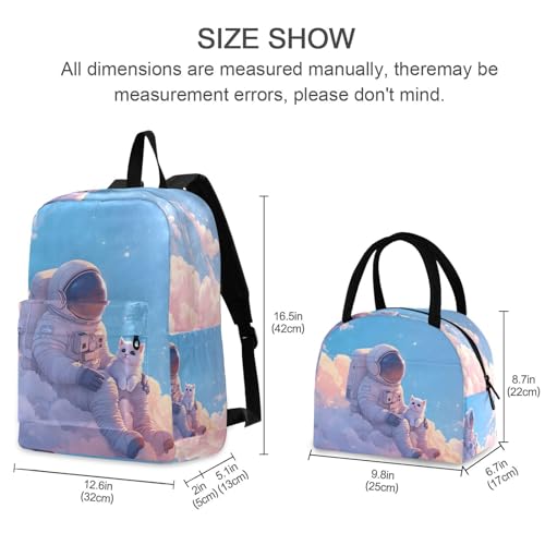 Backpack Lunch Bag Set Astronaut on Cloud Print, Big Storage Travel Backpacks with Insulated Lunch Box for Office Hiking Picnic2