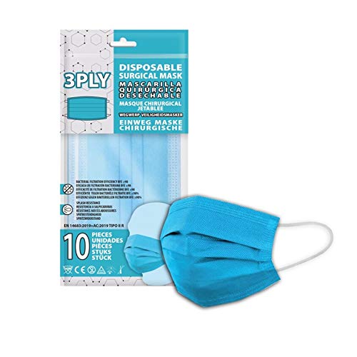 SRV Hub® - Mascarillas desechables de 3 capas para adultos, 10 unidades, material transpirable, filtrado de polvo de partículas (Paquete de 10 mascarillas faciales para adultos de color azul claro)