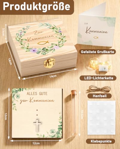 Geldgeschenk Kommunion Verpackung Holzbox mit LED Lichterkette, Personalisiertes Geschenke zur Erstkommunion, Kommunion Geschenke für Mädchen Junge, Deko Set mit Fisch Symbol