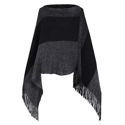 Image of Womens Poncho Sweater V Neck Striped Pullover Soft Scarf Wrap Cape with Fringes