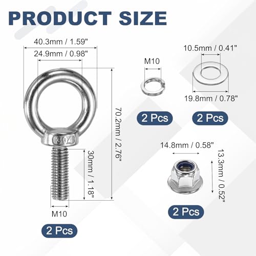 Image of PATIKIL M10 x 30mm Shoulder Eye Bolt, 2 Pcs 304 Stainless Steel Lifting Ring Threaded Eye Bolt with Flange Lock Nuts Spring and Flat Washers for Hanging Tie Down Straps Outdoor Indoor