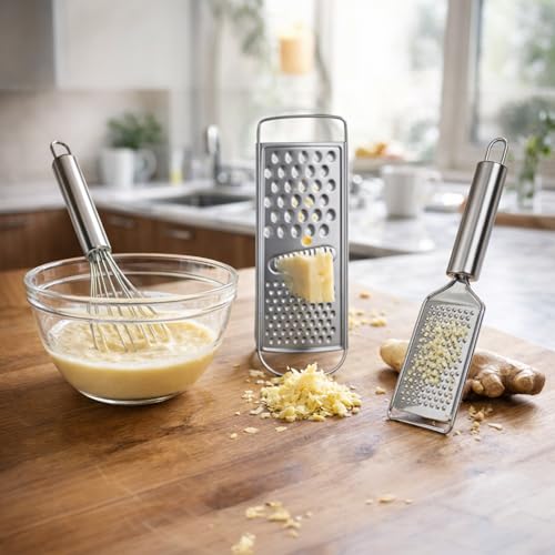 Image of Stainless Steel Kitchen Tool Set 3 Pieces with Flat Grater, Handheld Cheese & Vegetable Grater and Egg Whisk Beater, Durable Rust Resistant Cooking Tools for Kitchen, Easy to Clean, Strong Grip Handle