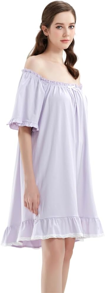 Women Cotton Nightdress Short Sleeve Vintage Nightgown Off the shoulder Loose Princess Dressing Gown - Image 2