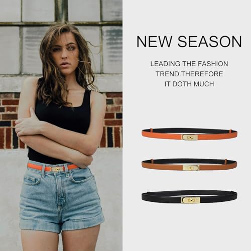 Women's Skinny Leather Belt With Adjustable Gold Alloy Turn-lock Rhinestione Buckle For Dresses,Jeans4