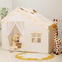PIIKAGO Kids Play Tent with Mat - Kids Tent Indoor with Star Lights and Flags, Toddler Playhouse for Girls Boys, 57\" x 35\" x 47\"
