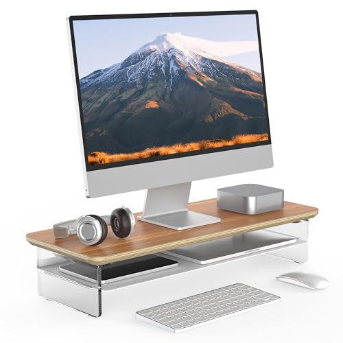 Fenge モニター台 無垢材 モニタースタンド 卓上 机上台 パソコン台 PC台 机上ラック 60cm横幅 2段 木製天板 アクリル製脚 デスクトップ用 机上 モニタースタンド 机上台 pcモニター台 パソコンラック (幅60cm)