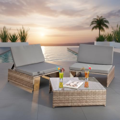 Mucola Gartenmöbel-Set 3-teilig – Polyrattan Lounge mit 2 Sesseln & Tisch, wetterfest & robust, Sonnenliege kombinierbar, grau, Outdoor Möbel...