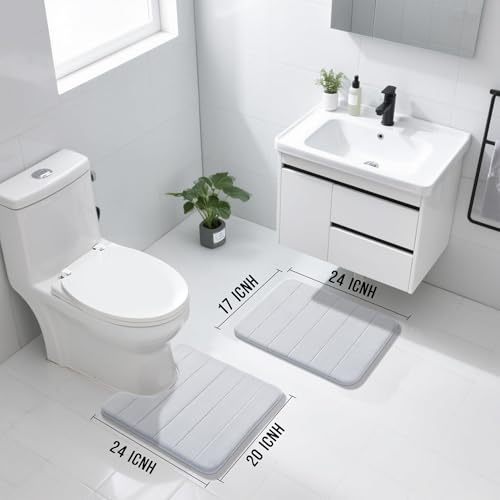 Image of Yimobra U-Shaped Toilet Bath Mat Set 2 Piece - Super Soft Absorbent Quick Dry Memory Foam Bathroom Rugs, Machine Washable Non Slip Floor Carpet for Tub Shower & Single Sink (17x24 & 24x20, Silver)