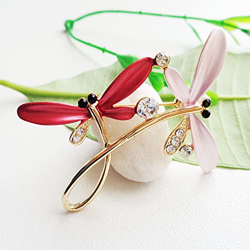 Image of Navachi 18k Gold Plated Multicolor Enamel White Crystal Double Dragonfly Wings Brooch Pins