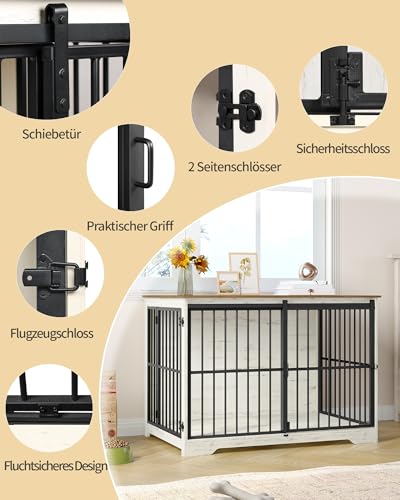 Hzuaneri Hundekäfig Möbel, 110 cm Hundebox, 2 Türen, Moderne Hundekäfig Indoor für Kleine/Mittlere/Große Hunde, Beistelltisch, Verstärkte Schiebetür, 110 × 65 × 81 cm, Weiß Braun DFC84414B