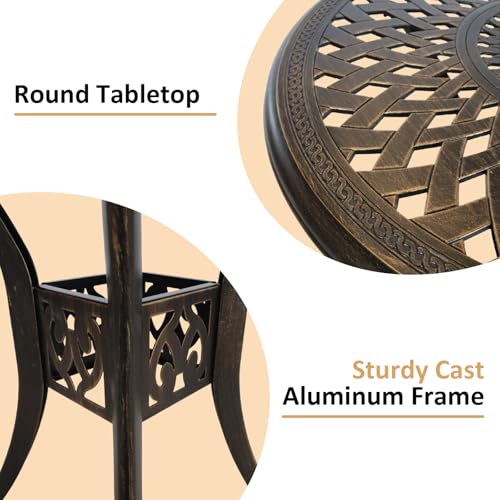 Image of 30.7 inch Outdoor Round Cast Wrought Aluminum Patio Metal Dining Table with Umbrella Hole, Cast Aluminum Frame Bistro Table for Backyard Lawn Balcony Deck, Bronze