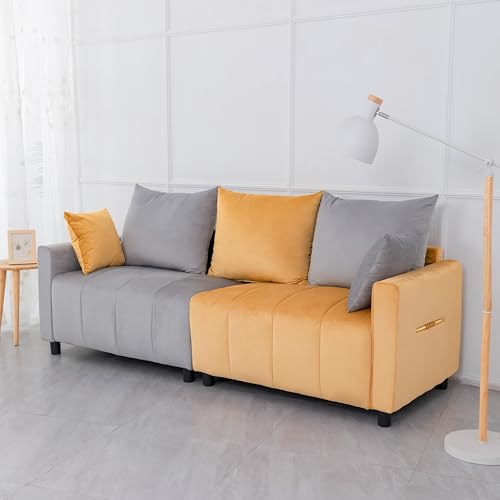 TANGURD Velvet Modern 2-Seater Sofa, Yellow and Grey Two-Tone Sectional Couch, 82 Inch Contemporary Living Room Furniture, Easy Assembly (Gray+Yellow)