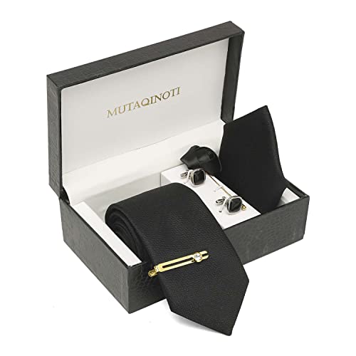 Image of MUTAQINOTI Mens Woven Premium Silk Necktie Suit Accessories Set With Pocket Square Cufflinks Brooch Golden Tie Pin (TEGP2)