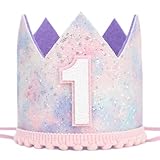 YOUAME Baby Girl First Birthday Decorations - Pastel Rainbow 1st Birthday Crown，Space Theme Cake Smash Party Hat,Pastel Rainbow Glitter Mini Party Crown,Sweet Photo Props For Girls