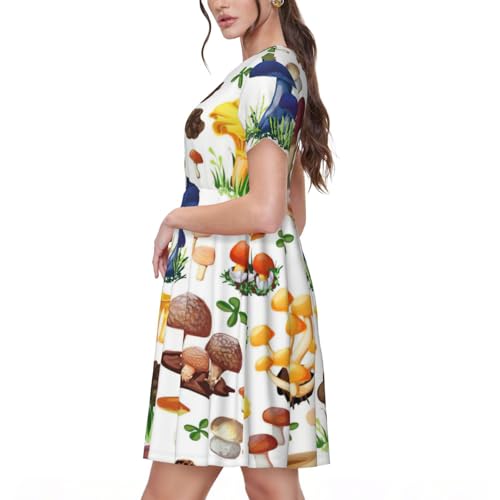 Robe d'été originale à motif champignons imprimé champêtre à manches courtes