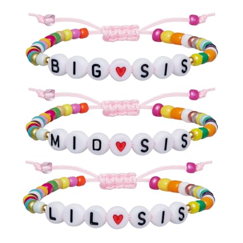 Image of 2 /3Pcs Big Middle Little Sis Heart Adjustable Braided Bracelet Set | Matching handmade sister friendship bracelets, sweet jewelry gifts for sisters, BFF friends, women and teengirls