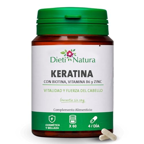 Keratina Dieti Natura 60 Cápsulas - con Cynatine HNS®, Biotina, Zinc y Vitaminas B6 y B8 para Fortalecer Cabello y Uñas, Promueve un Cabello Saludable y Uñas Resistentes - Fórmula Natural y Eficaz