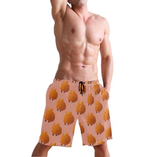 Men's Swim Trunks Anime Capybara Print, Quick Dry Beach Board Shorts with Lining-S4