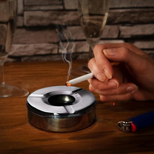 Image of HAZEL Stainless Steel Ashtray with Lid | Windproof Lid Ash Tray for Cigarettes | Portable Ashtray for Home, Office, Outdoor Use