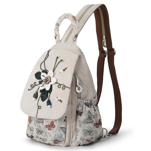 Ladys Convertible Sling Bag, Hand Craft Artisan Purse, Girls Beautiful Canvas Premium Casual Day Mini Backpack for Women (Flower Bee)