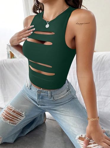 Image of LovelyWholesale Women Sexy Cut Out Crop Tank Tops Crew Neck Summer Sleeveless Top