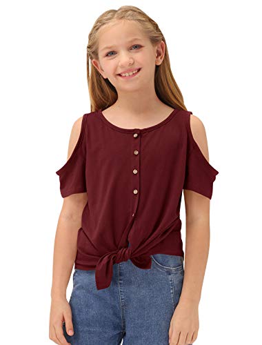 BesserBay Girls Cold Shoulder Short Sleeve Blouse Casual Button Down Crewneck Shirt Burgundy 9-10 Years