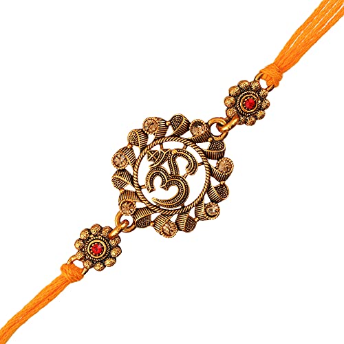 Image of eCraftIndia Orange Religious Om Rakhi for Brother with Best Bro Ever Fridge Magnet & Roli Chawal Pack | Raksha Bandhan Rakhi for Bhaiya Bhai | Traditional Spiritual Festive Thread