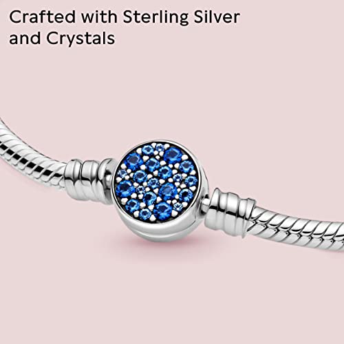 PANDORA Moments Sparkling Blue Disc Clasp Snake Chain Bracelet - Iconic Snake Chain - Charm Bracelet - Gift for Her - Sterling Silver & Sparkling Blue Crystal - With Gift Box - 7.1"4