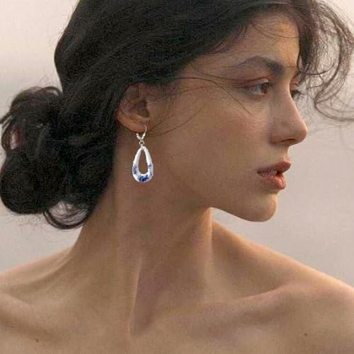 HAIXIAN Blue and white porcelain Enamel Flower Drop Earrings for Women,Porcelain Floral Statement Dangle Earrings,Platinum Plated Sterling Silver Hooks2