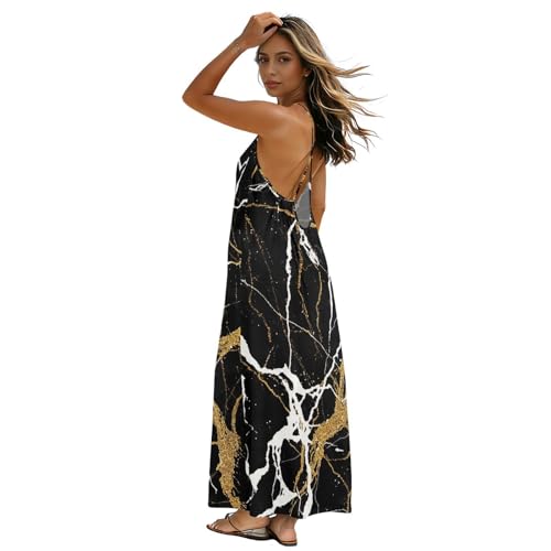 Robe longue sexy au design marbré noir et or pour révéler l'icône glamour qui est en vous