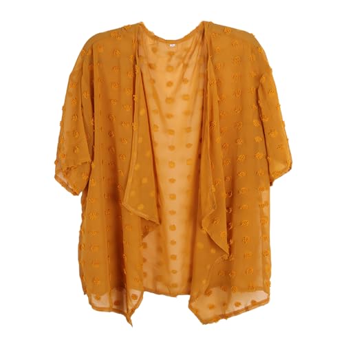 Image of Womens Summer Open Front Half Sleeve Lightweight Swiss Dots Cardigan Loose Kimono Sheer Beach Cover Up, Ginger Yellow-L, Large