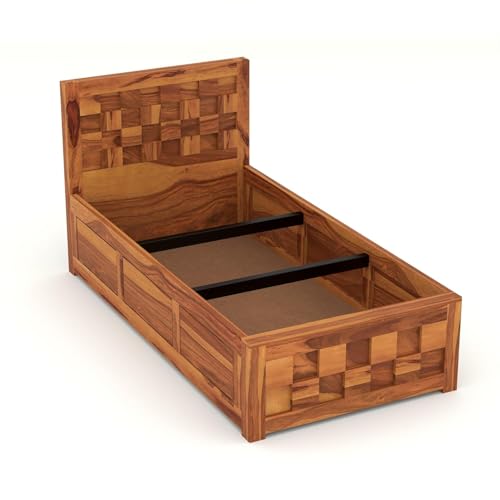 Image of Solid Sheesham Wood Single Size Bed with Box Storage for Bedroom Living Room Single Cot for Home Wooden Palang for Hotel (Honey, Size 6 * 4)
