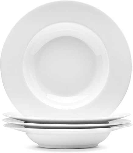 Artena Juego de 4 cuencos para pasta de 10 onzas, elegantes cuencos blancos para sopa de borde ancho, cuenco de porcelana de alta calidad, platos de