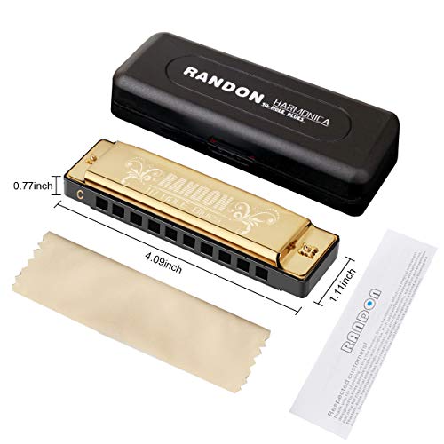 Randon Harmonica, Blues Harmonica Key Of C 10 Holes 20 Tones Mouth Organ C Harmonica For Kids, Adults, Beginners,Students (Gold) #TOP4