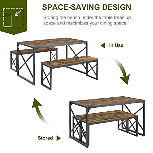Vecelo Dining Table Set For 4 55" Rectangle Dinner Breakfast Dinette With 2 Benches, Thickened Metal Frame & Board, For Kitchen, Living Room, And Small Space, Brown #TOP4