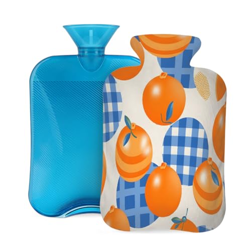 Mexpekil Bolsa de agua caliente a cuadros naranja y azul con funda, bolsa de agua caliente de PVC de 2 litros para aliviar el dolor, pies, espalda, calor