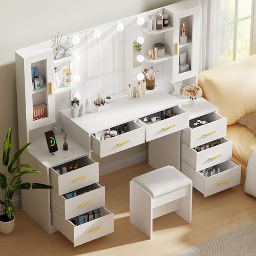 ANWBROAD 59.1" White Makeup Vanity with Mirror & Lights & Power Outlet 8 Drawers 3 Lighting Modes UBDT67W