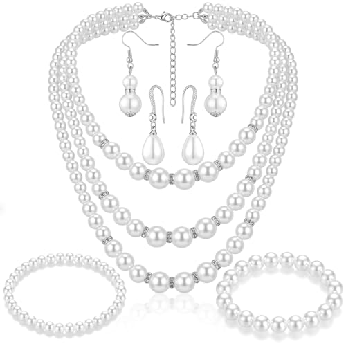 Image of Glenmal Pearl Rhinestone Jewelry Set for Women Pearl Necklace Bracelet Earrings for Wedding Halloween Bridal Shower Tea Party