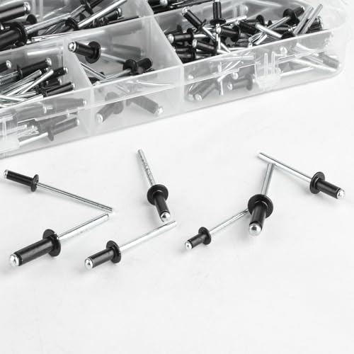 200 Stück Blindnieten Alu Nieten Popnieten Set, Aluminium Blindnieten Set, Blindniet mit Großem Flansch, Pop Nieten Stahlniete, Alu Blindnieten Sortiment für Blindnietzangen, Schwarz/Silver