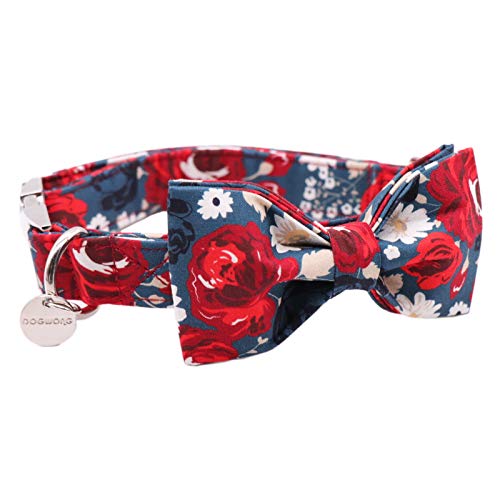 Image of DOGWONG Cotton Cotton Dog Collars, Floral Dog Collar, Adjustable Heavy Duty Girl Dog Collar with Bow for Small Medium Large Dogs
