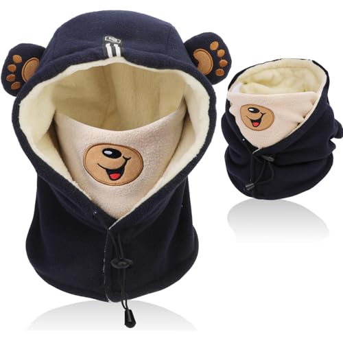 AYPOW Pasamontañas Niños de Invierno, Gorro Térmico con Máscara de Esquí Ciclismo Cálido Forro Polar Prueba de Viento Ajustable Sombreros Gorro con Capucha Calentador de Cuello Niños Niñas