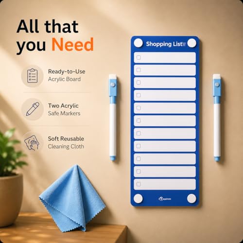 Image of Shopping List Fridge Magnet with Marker | Smart Planning & Shopping for Family, Working Professionals| to Do List | Acrylic Magnetic Notepad for Kitchen Organisation - Blue